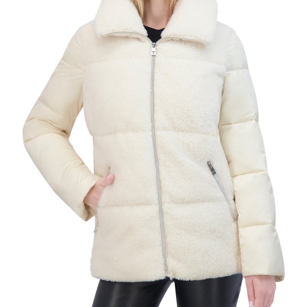 NWT Tahari Women's XL Cream Mixed-Media Stand-Collar Puffer Coat